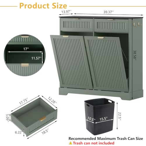 Image of Double 13 Gallon Tilt Out Trash Can Cabinet,Garbage Cabinet with Drawer | Hidden Garbage Storage with Fluted Design, Drawer & Hooks for Kitchen, Dining Room and Small Space Organization,Green