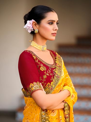 Image of Satrani Women's Georgette Bandhani Printed Sequence Lace Work Scalloped Border Saree with Unstitched Blouse Piece