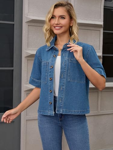 Women's Short Sleeve Denim Jacket Button Down Boxy Shirt Tops