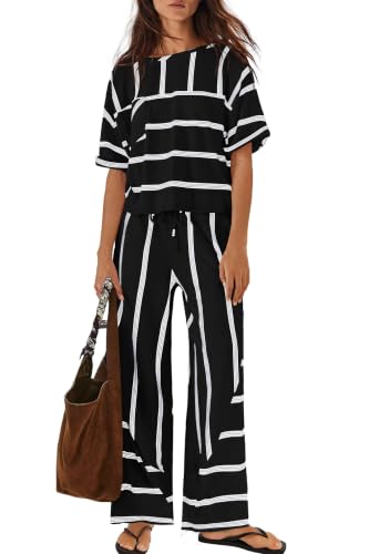 Nirovien Womens Striped Lounge Set 2 Piece Vacation Sets Short Sleeve Tops and Wide Leg Pants Travel Sets with Pockets(Black White,L)