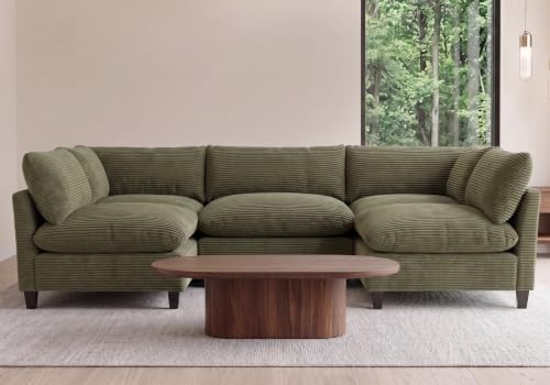 Iroomy Modular Sectional Sofa, Oversized Corduroy Cloud Couch, Deep Comfy Seat, 5-Seater Sofas Couches for Living Room, Green