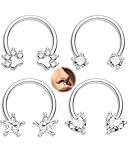 Jewseen 4PCS Septum Rings 16G Septum Jewelry Star Heart Septum Nose Rings for Women 316L Stainless Steel Daith Piercing Jewelry Helix Conch Cartilage Earring for Women
