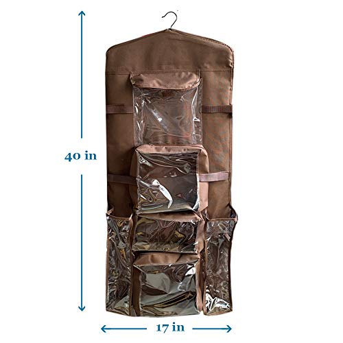 ProPik Hanging Double Sided Wrapping Paper Storage Organizer with Multiple Pockets, Organize your Gift Wrap, Gift Bags, Bows, Ribbons 40"X17" Fits 40 Inch Rolls Clear PVC Bag (Brown)