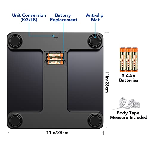 Highly Accurate 400 LBS Scale for Body Weight ITO Layer Digital Body Fat Bluetooth Bathroom BMI Scale with 14 Measurements, 3 AAA Batteries, Body Tape Measure Included, Size 11 x 11 inches