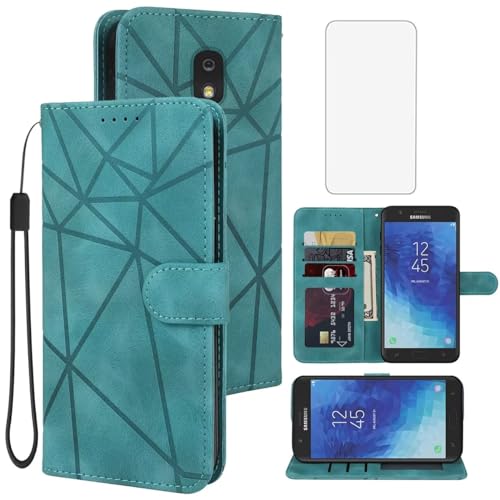 Image of Tothedu Case for Galaxy J7 2018/J7 Aura/J7 Top/J7 Crown/J7 Eon/J7 Star Wallet Case with Tempered Glass Screen Protector, Flip Leather Credit Card Holder Stand Cover for Samsung Galaxy J7 2018 Green