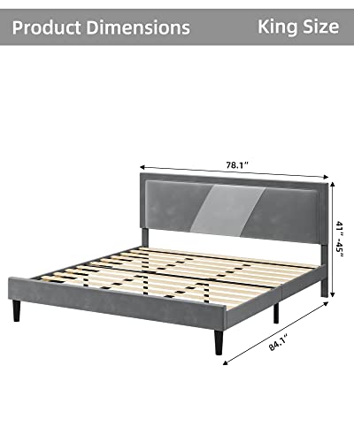 Homhougo King Bed Frame, Tufted Platform Bed Frame With Adjustable Height Headboard, Velvet Mix Color Upholstered Bed Frame, Light Grey #TOP1