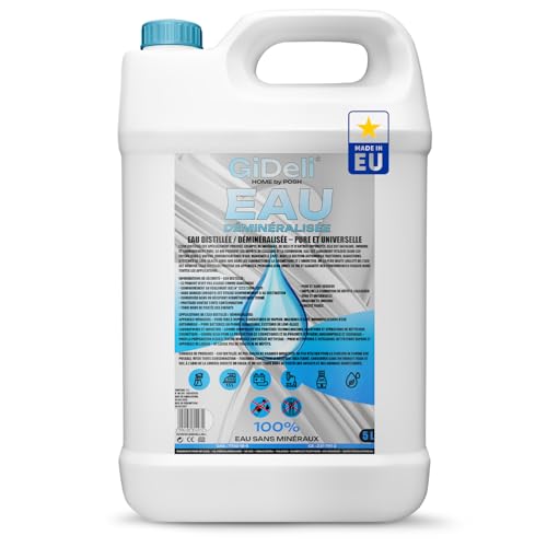GiDeli Eau déminéralisée 5L Eau distillée pour fer à repasser, batteries, radiateurs, humidificateurs, aquarium et laboratoire Eau sans calcaire, inodore, claire