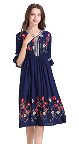 Shineflow Women's Short Sleeve Mexican Embroidered Floral Pleated Midi A-Line Cocktail Dress(Blue,L) #TOP4