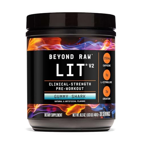 BEYOND RAW LIT V2 Clinical Strength Pre Workout Powder, Hits Harder, Bigger Pumps, Caffeine, L-Citrulline, Creatine, Gummy Shark, 30 Servings