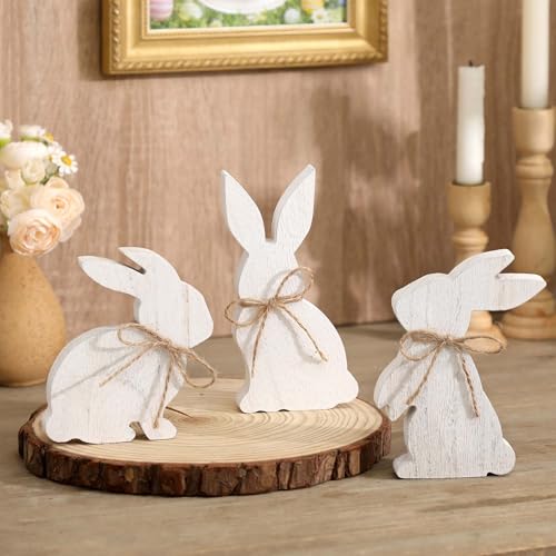3 Pcs White Wooden Easter Bunny Signs with Jute Bows, Farmhouse Tiered Tray & Table Decor for Mantel, Desk, Spring and Easter Home Decoration