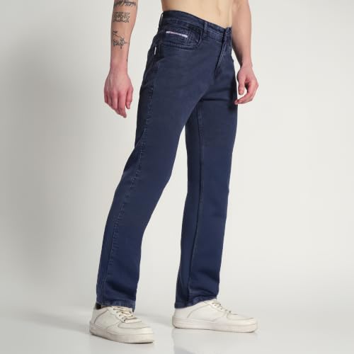 Image of Cotton Comfort Fit Jeans for Men | Full-Length Solid Denim Pants with Button Closure, Embroidered Design, Mid-Rise Casual Trousers for Daily | Classic Jeans for Office Bottoms (DI-249)