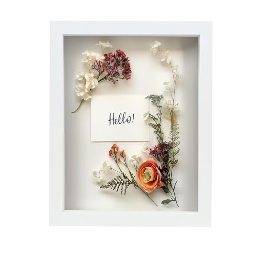 Image of FrameWorks 8” x 10” White Wooden Shadow Box Frame – Display Case with Soft Felt Back, Memory Box with Tempered Glass, Display Box with Elegant White Ball Push Pins, Wooden Flower Box