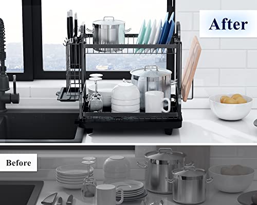 Kitsure Dish Drying Rack -Multifunctional Dish Rack, Rustproof Kitchen Dish Drying Rack With Drainboard & Utensil Holder, 2-Tier Dish Drying Rack With A Large Capacity For Kitchen Counter #TOP6
