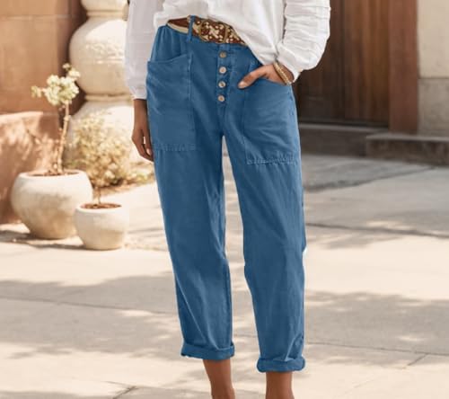 TIAFORD Women Cotton Linen Pant High Waist Button Up Wide Leg Long Pant Summer Loose Beach Lounge Capri Trousers with Pocket2
