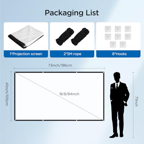 AiQInu Projector Screen 84 Inches, 16:9 HD Screen, Anti-Crease Foldable Screen, Portable Projection Screen for Home Cinema, Meetings and Projector Screen Outdoor, Home and School