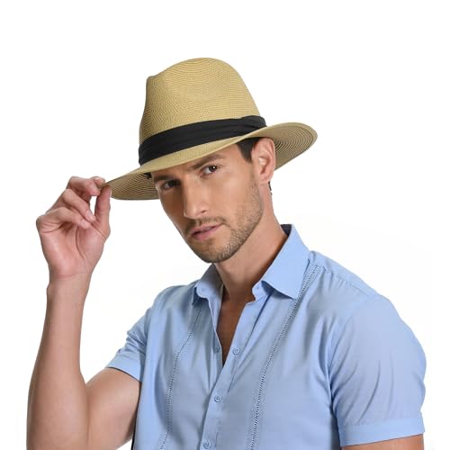 Sun Hat Straw Fedora Hats for Men Women Beach Hat Panama Hat Men Wide Brim Summer Hats UPF80+ Khaki