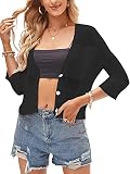 ZAFUL Women's Knit Sweater 3/4 Sleeve Shrugs V Neck Button Down Cardigan Sweater Crop Top Black Smal