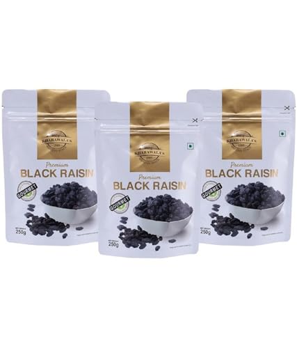 Image of KHARAWALA'S Afghani Black Raisins with Seeds - Pack of 3 (250gm Each) | Kali Kishmish | Munakka | Dry Fruits | Premium Abjosh | Healthy Nuts