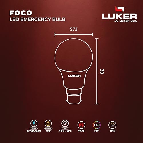 Image of LUKER JVLuker 9W Emergency LED Bulb B22 Base Energy Efficient Inverter Light 3.5 Hours Backup 120 Degree Wide Beam Coverage High CRI Lights for Home and Office 1 Year Warranty (Pack of 2, White)