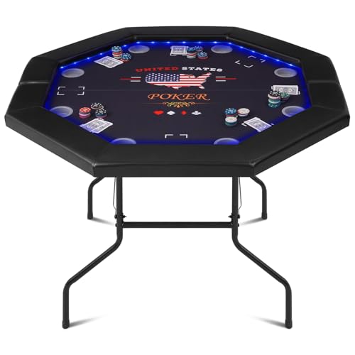 REAHOISY LED Poker Table Foldable, Octagon Casino Leisure Gamimg Table for 8 Player, Folding Texas