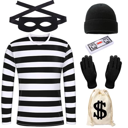Photo de Deguisement Voleur Femme Homme, Costume Voleur Banque Rayures Noires Blanches avec Chapeau Gants Masque Sac Billets de Banque, pour...
