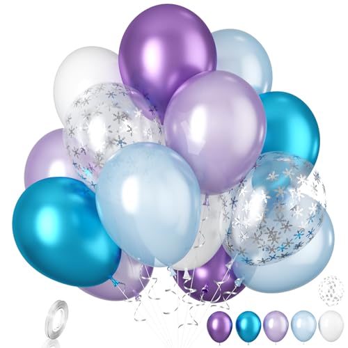Biapian Frozen Balloons, 20 Pcs Blue Purple Balloons, 12 Inch Metallic Blue Purple Latex Balloon Silver Snowflake Confetti Balloon for Girls Frozen Snowflake Ice Snow Theme Birthday Party Decoration