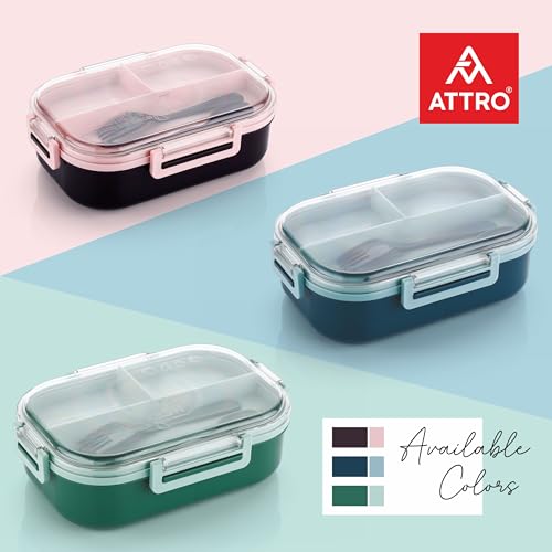 Image of ATTRO Carry Fresh Kids Plastic Lunch Box 3 Compartments & Fork, BPA-Free, Food-Grade, Ideal for School, Picnic, Travel & Outdoor Use- Blue, 500 ml