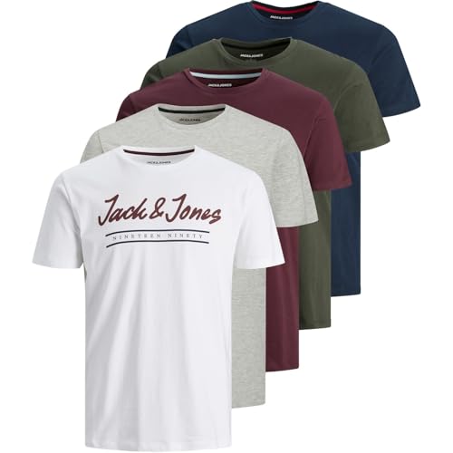 JACK & JONES Herren-T-Shirt, kurzärmelig, 5er-Pack, Weiß/Grau/Burgunderrot/Khaki/Marineblau, S – Ansicht 1