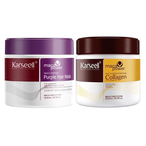 Karseell MACA CARE SYSTEM Pack de 2-1 Mascarilla Capilar Colágeno + 1 Mascarilla Capilar Violeta Cabello Rubio Hidratación Reparación Capilar Matificante Aceite Argán Antifrizz Pelo Seco y Dañado