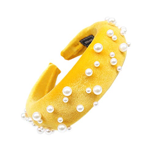 Padded Headbands Velvet Pearl Womens 90s Black Hair Accessories Statement Fashion Retro Grace Elegant Wide Plastic Hairbands For Woman (yellow)