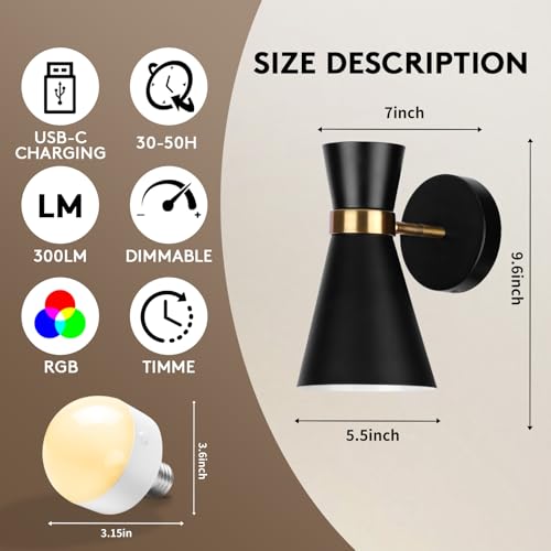 Image of Battery Operated Wall Sconce Set of 2, Modern Decor Black with Gold Rechargeable Wireless Sconce with Remote Control, Dimmable 10 Colors 5200mah Adjustable Battery Wall Light for Bedroom Living Room