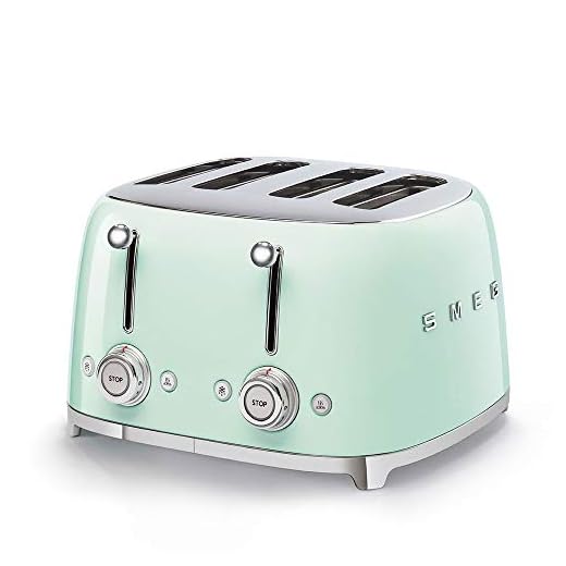 Smeg TSF03PGUK - Tostadora de 4 rebanadas, ranuras extra anchas, 3 programas preestablecidos, color verde pastel