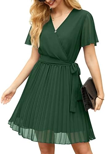 GRECERELLE Womens Summer Casual Wrap Dress Chiffon Cute Pleated Beach Tie Waist Dresses for Women