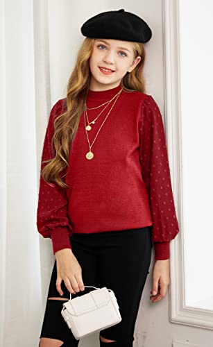 Image of Arshiner Girls Puff Long Sleeve Sweaters Crewneck Lace Polka Dot Casual Knit Tops Pullover Jumper Outwear for Kids