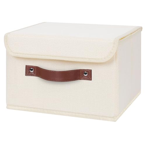 Anminy Storage Bin With Lid Storage Boxes With Pu Leather Handles Pp Plastic Board Decorative Foldable Lidded Cotton Linen Fabric Home Cubes Baskets Closet Organizer Container cover