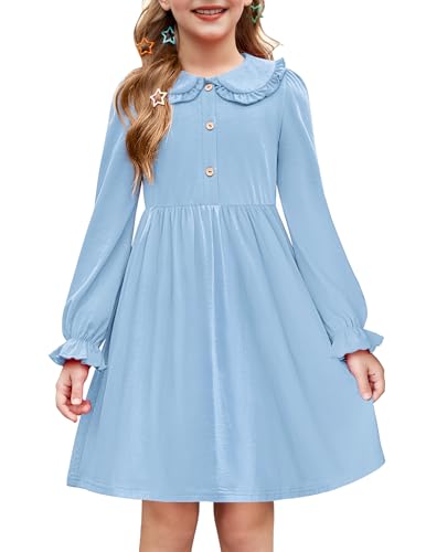 Arshiner Spring Dress for Girls Fall Long Sleeve Easter Tween Casual Cotton Dresses Light Blue 11-12 Years