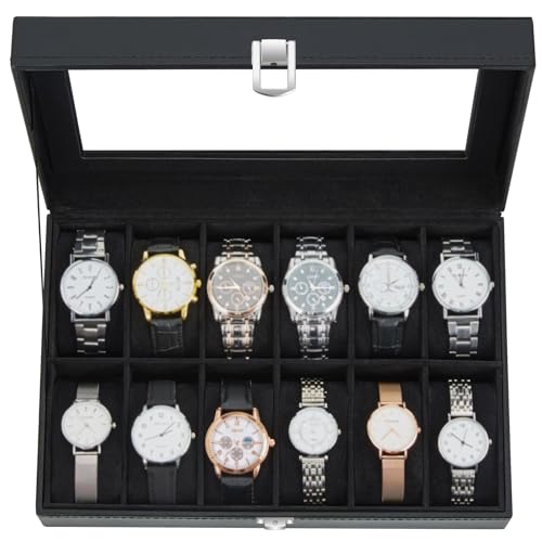 Ohuhu Uhrenbox mit 12 Fächern, Watch Box Uhren Aufbewahrungsbox mit Glasdeckel & Metallschnalle, Uhren Box aus PU Leder und Samt Innenfutter, Uhrenbox Herren Frauen, Geschenk für Weihnachten
