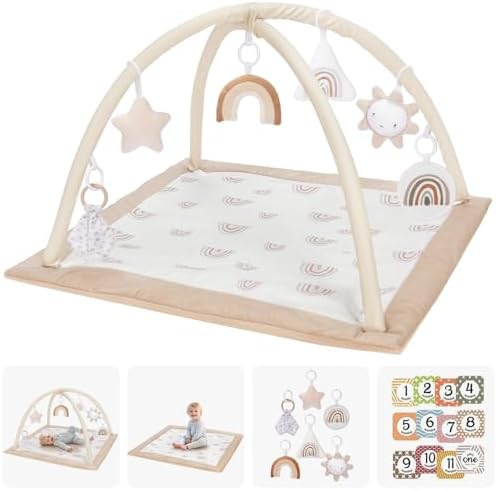 Mallify Spielbogen Baby Mädchen, Krabbeldecke mit Bogen und 6 abnehmbaren Spielzeugen und 12 Meilensteinkarten, Spieldecke Baby ab Geburt, Baby Gym 0-6 Monate, Beige