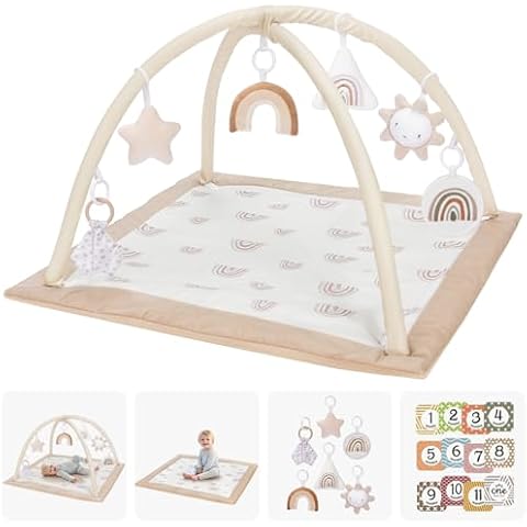 Washable Tummy Time Mat, Baby Play Gym with 6 Featured Toys and 12 Milestone Cards, Baby Gym for Infant & Toddler, Deluxe Larger Baby Play Mat, Baby Play Mats for Floor, Non Slip Mat Cover