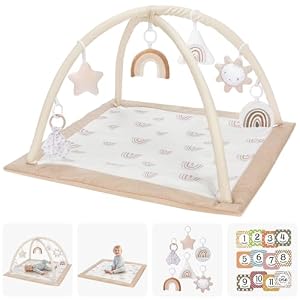 Mallify Spielbogen Baby Mädchen, Krabbeldecke mit Bogen und 6 abnehmbaren Spielzeugen und 12 Meilensteinkarten, Spieldecke Baby ab Geburt, Baby Gym 0-6 Monate, Beige