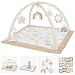 Mallify Spielbogen Baby Mädchen, Krabbeldecke mit Bogen und 6 abnehmbaren Spielzeugen und 12 Meilensteinkarten, Spieldecke Baby ab Geburt, Baby Gym 0-6 Monate, Beige