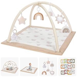 Washable Tummy Time Mat, Baby Play Gym with 6 Featured Toys and 12 Milestone Cards, Baby Gym for Infant & Toddler, Deluxe Larger Baby Play Mat, Baby Play Mats for Floor, Non Slip Mats