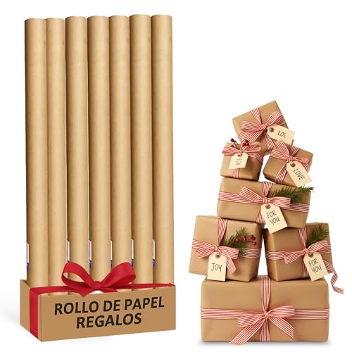 Rollo de papel para envolver regalos, Papel Regalo Cumpleaños, Papel Regalo Navidad, Papel navideño, Tamaño 70 cm x 2 Metros, Contiene 6 Rollos con diseños de Papel Kraft
