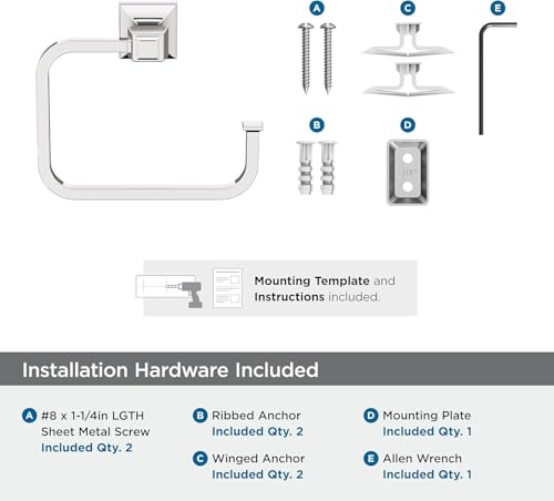 Image of Amerock Mulholland 5-3 /4 inch Polished Nickel Towel Ring | Decorative bathroom hardware in durable Zinc construction; mounting hardware included for easy installation