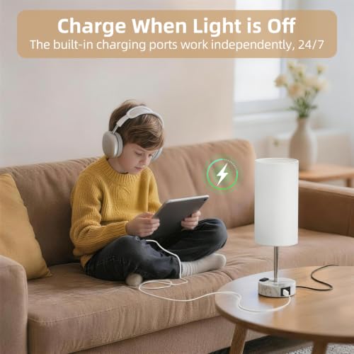 Image of Table Lamp, Dimmable Touch, AC Outlet, USB A+C (White&Marble) | 3-Way Dimmable, Small Touch Lamp with Eye-Care LED Bulb, Ideal Bright Lighting Bedside Lamps for Nightstand, Bedroom, Reading