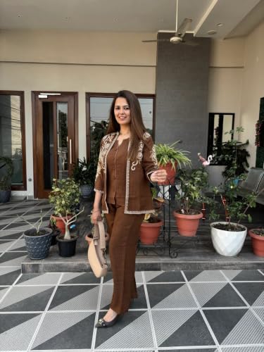 Image of Paribelle 3 Piece Cotton Co-Ord Set with Embroidered Coat