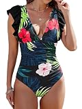 Traje de baño de Una Pieza para Mujer con Cuello en V y Volantes Bañadores Bikini Volantes Fruncido Reductores Barriga Monokini Verano Playa Bañador Entero