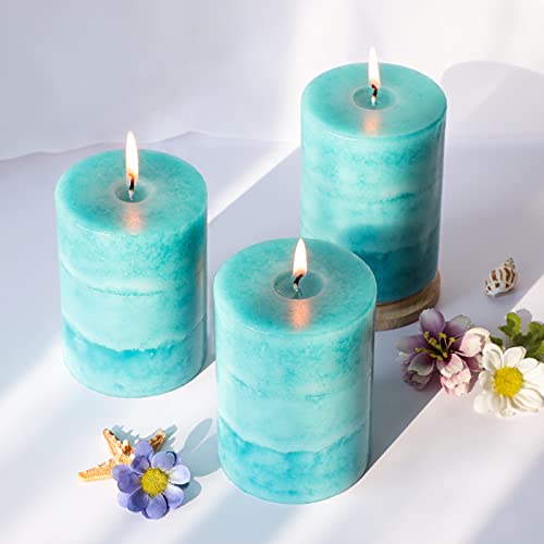 Flavcharm Teal Pillar Candles Ocean Breeze Scented Candles 3X4 Inch Turquoise Candles 3 Pack, Clean Burning Candles Scented, Green Candles For Home Scented, Room Decor, Ocean Theme Bathroom Decor #TOP6