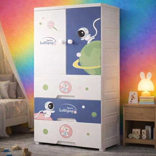 Image of Kids Plastic Collapsible Wardrobe Organizer for Storage with Drawers | Cute Cartoon Design | Heavy Duty Runner Rug Floor Mat Carpets Organizer Bedroom, Living Room (Sky-Blue, 1+3-Door)