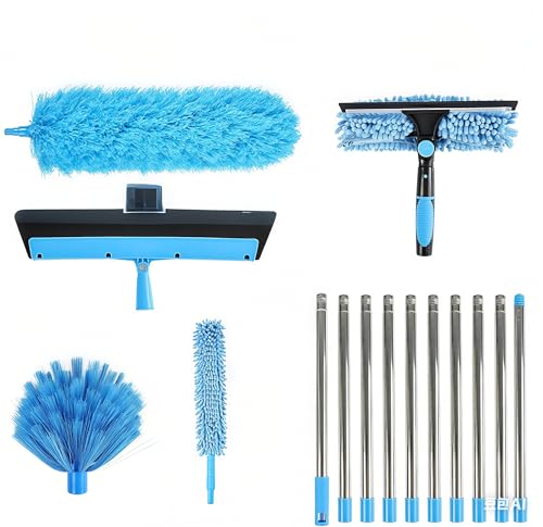 Feeloco Duster Kit with 14ft Telescoping Extension Pole, All-in-One Ceiling Fan Cleaner & Cobweb Duster for High Ceilings, Washable Microfiber Refills, Reusable Blind Duster Tool - 14ft, Blue